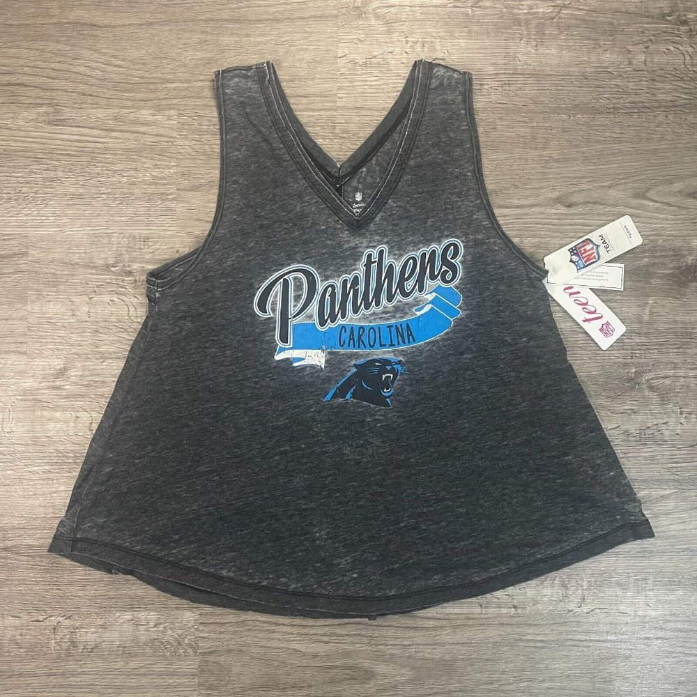 NWT NFL Teens Dark Gray Carolina Panthers Football Semi-Sheer V-Neck Tank Sz XL